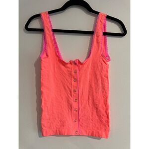 Free People Intimately Snap Front Tank Women M - L Neon Coral Lace Y2K Festival